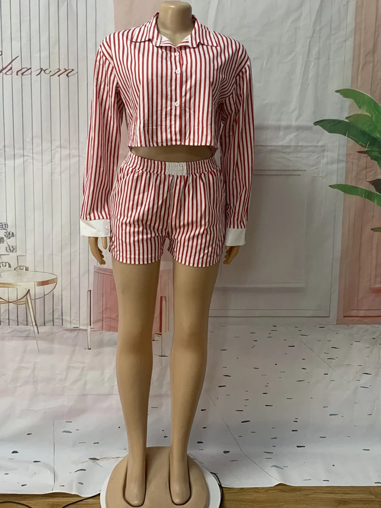 Women's Red Striped Blouse and Matching Shorts 2-Piece Set
