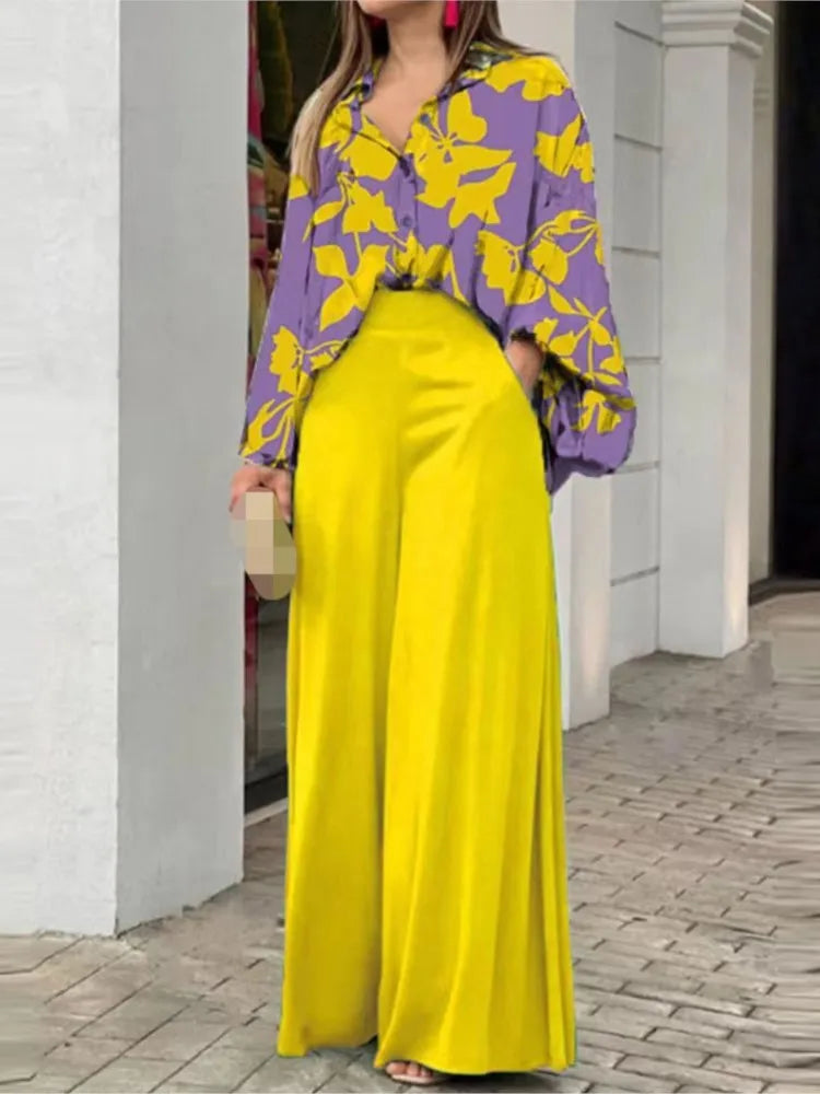 Women's Printed Shirt and Solid Pants Two-Piece Set
