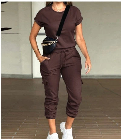 Women's Solid Round-Neck Short-Sleeve Top and Multi-Pocket Jogger Set