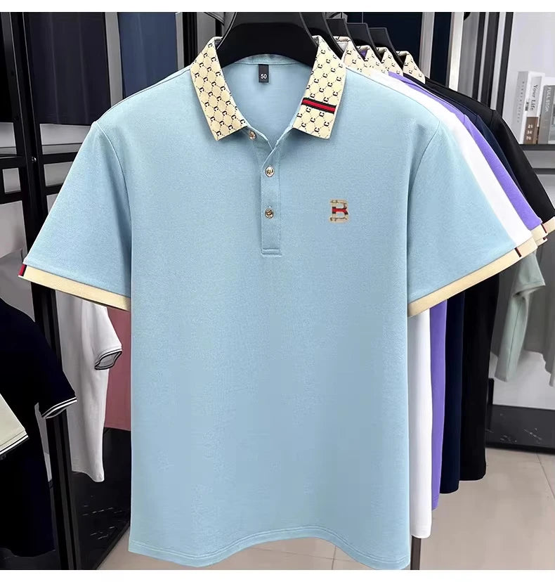 Men's B-Letter Embossed Color-Block Short Sleeve Polo Shirt