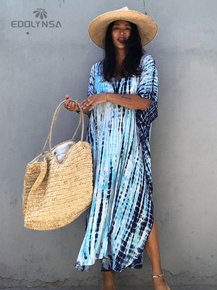 Women's Bohemian Printed V-Neck Batwing Split Maxi Dress