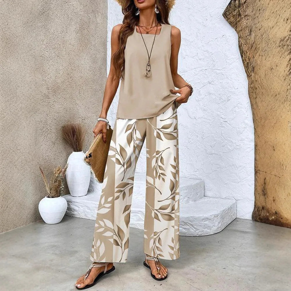 Women's Flower Stripe Two-Piece Set, Sleeveless Vest and Long Pants