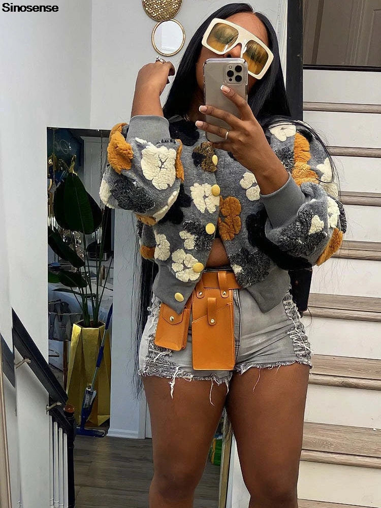 Women's Floral Print Puff-Sleeve Sherpa Fleece Bomber Jacket