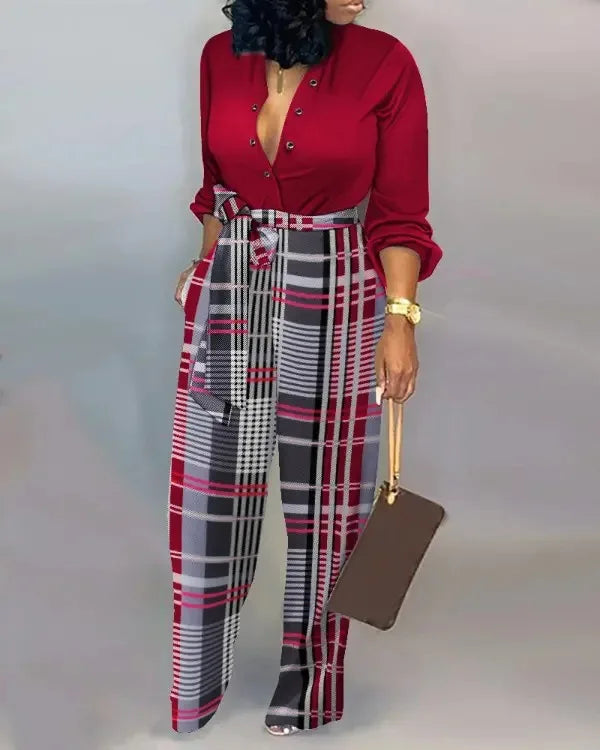 Women's Print V-Neck Belted Long Sleeve Jumpsuit