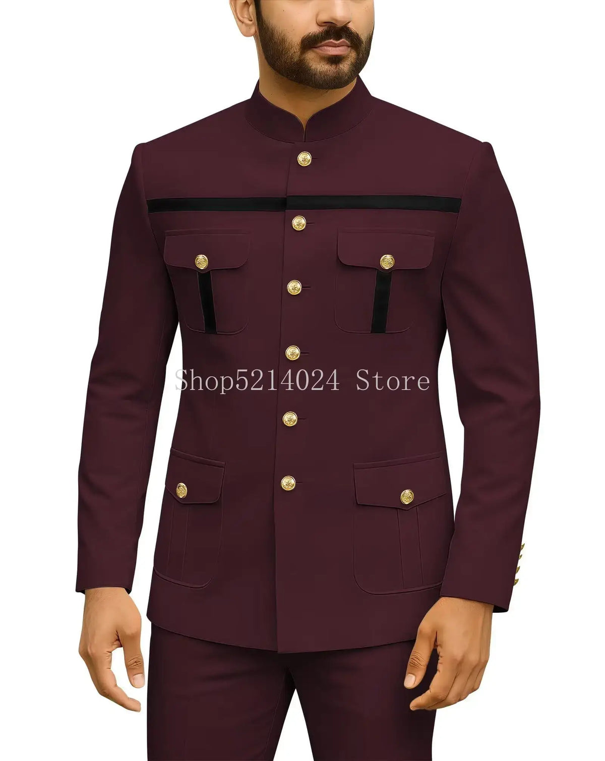 Mens Safari Suit 2 Piece Regular Fit Chinese Suit Stand Collar Gold Button Blazer Pants Set African Outfits