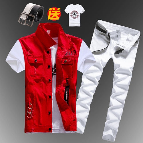 Men's Slim Fit Sleeveless Denim Vest and Jeans Two-Piece Set