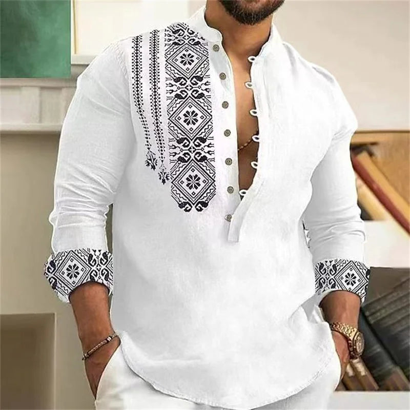 Men's 7-Button Loose Henley V-Neck Long Sleeve Beach Shirt