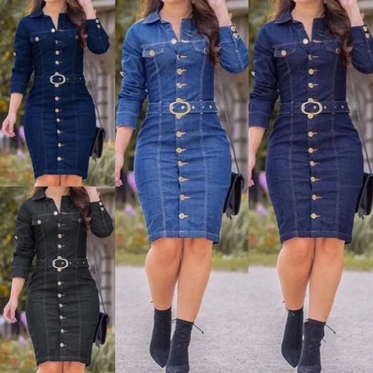 Women's Slim Fit Lapel Long Sleeve Denim Dress