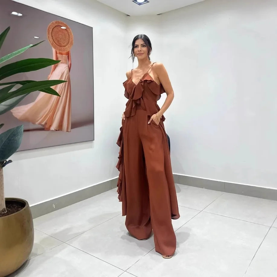 Women's Chiffon V-Neck Ruffle Top and Straight Pants Set