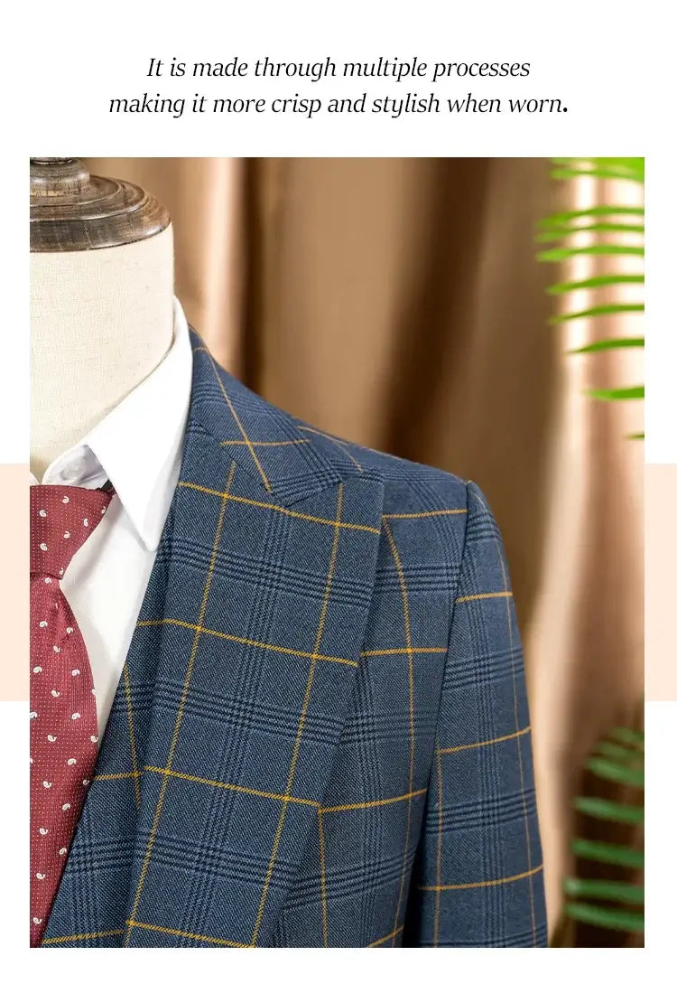 Men's 3-Piece Checkered Business and Wedding Suit