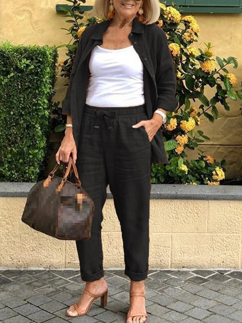 Women's Cotton Linen Shirt and Pants 2-Piece Set