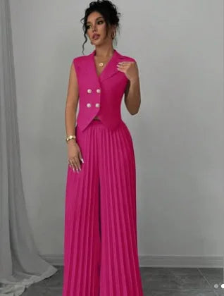Women's Solid Lapel Sleeveless Top and Trousers Two-Piece Set