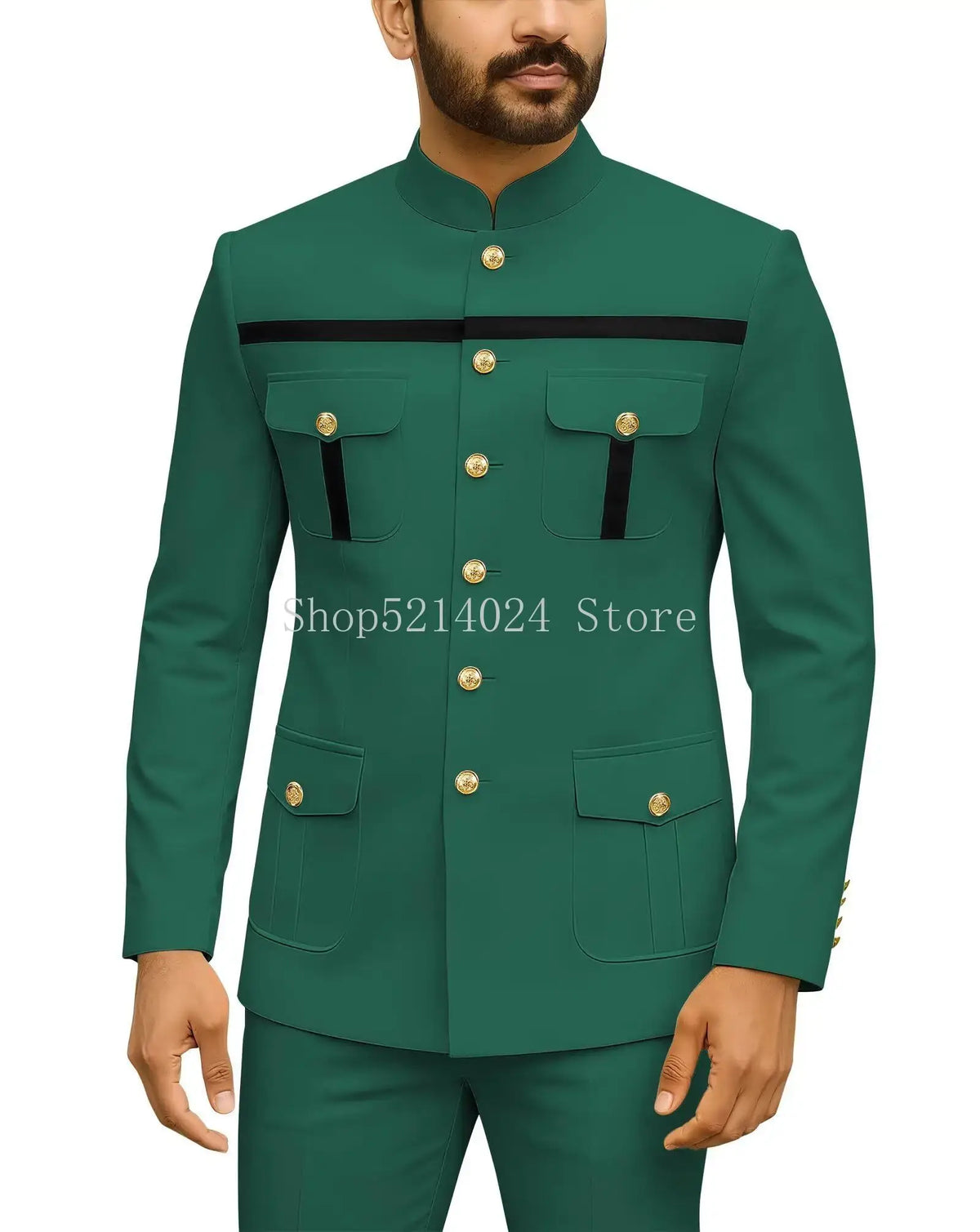 Mens Safari Suit 2 Piece Regular Fit Chinese Suit Stand Collar Gold Button Blazer Pants Set African Outfits