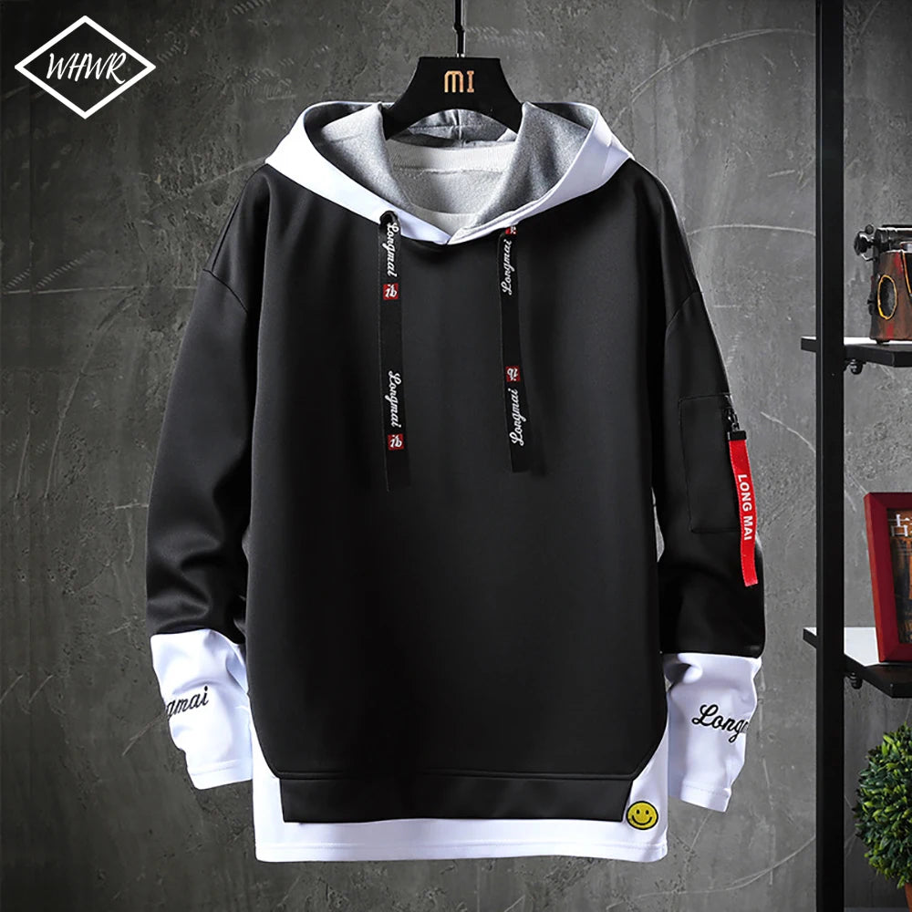 Men's Fake Two-Piece Embroidered Sport Hoodie Pullover Sweatshirt
