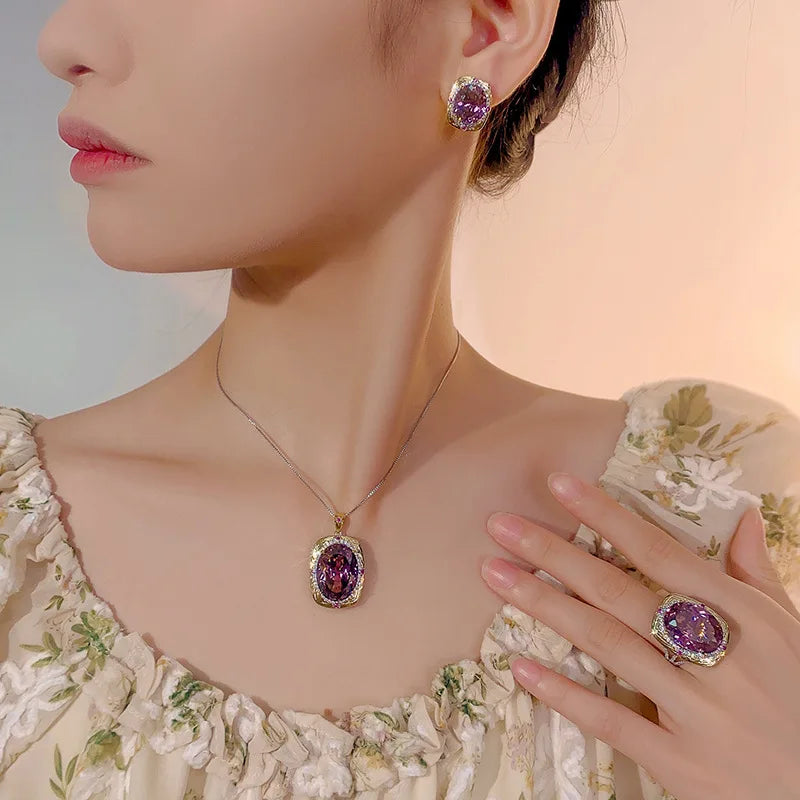 Women's Rose Cut Zircon Necklace Earring Ring Set