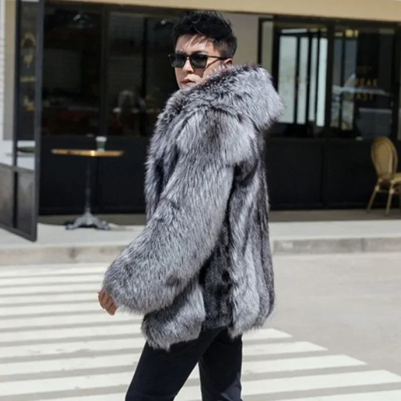 Men's Hooded Thick Faux Fox Fur Winter Parka Coat