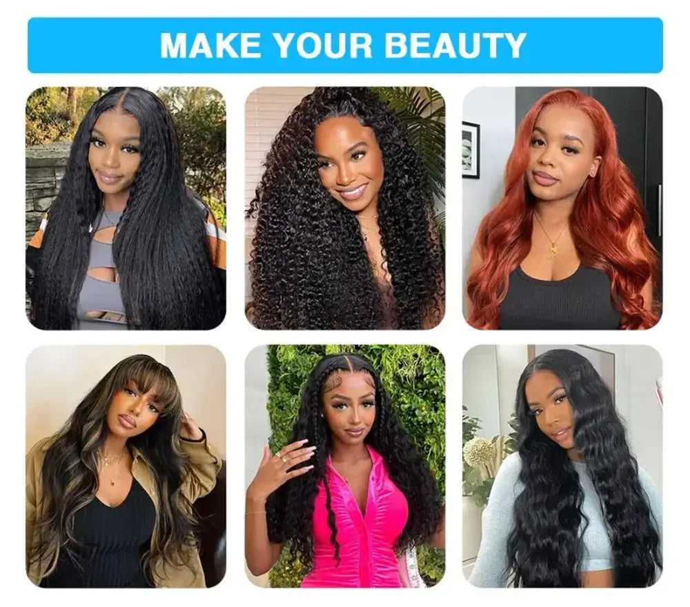 Make Your Beauty - Collage of women showcasing various beautiful hairstyles including deep wave, straight, and curls.