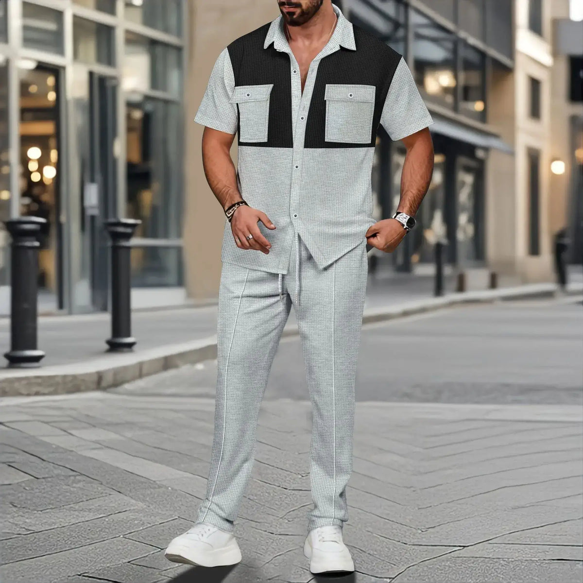Men's Color-Block Short-Sleeve Shirt & Pants Set