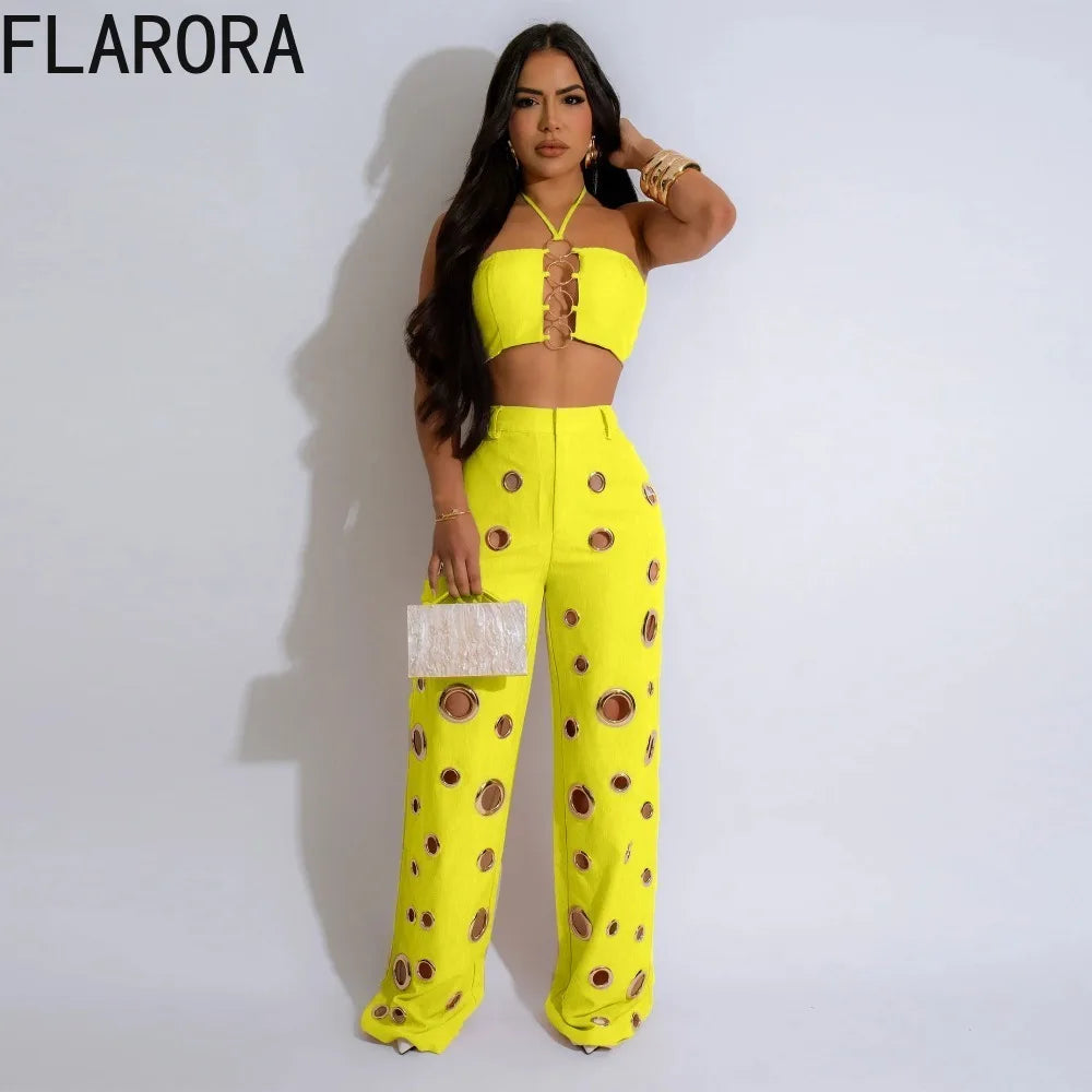 Women's Sequined Halter Top and Wide Leg Pants Set