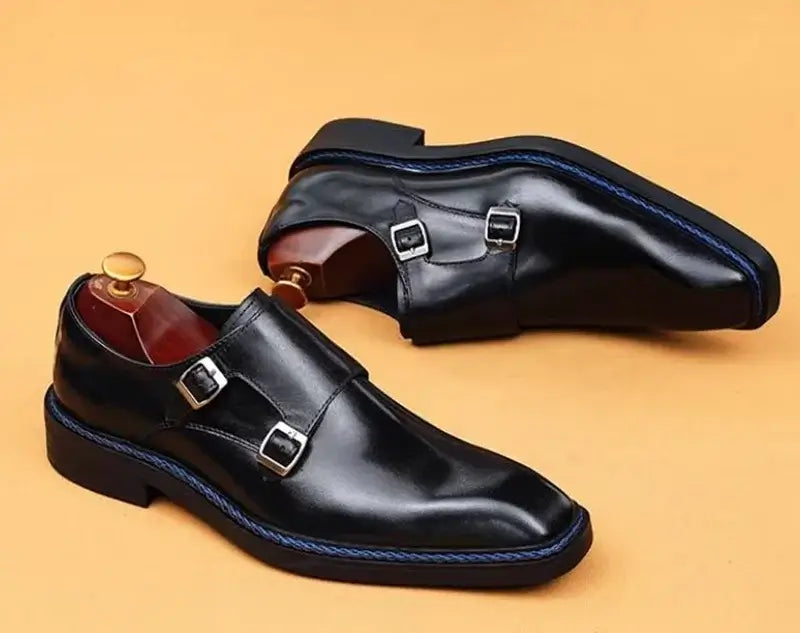 Men's Cowhide Square Toe Double Monk Strap Dress Shoes