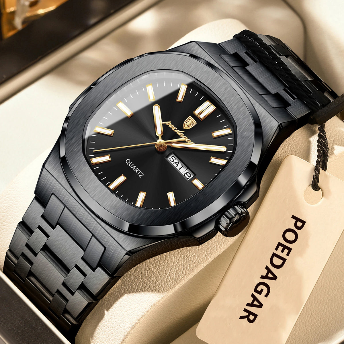 Men's Square Stainless Steel Date Week Quartz Wristwatch