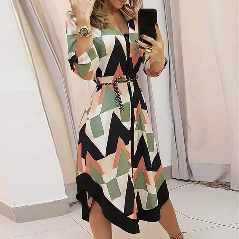 Women's Autumn Print V-Neck Lace-Up Long Sleeve Slim Midi Dress