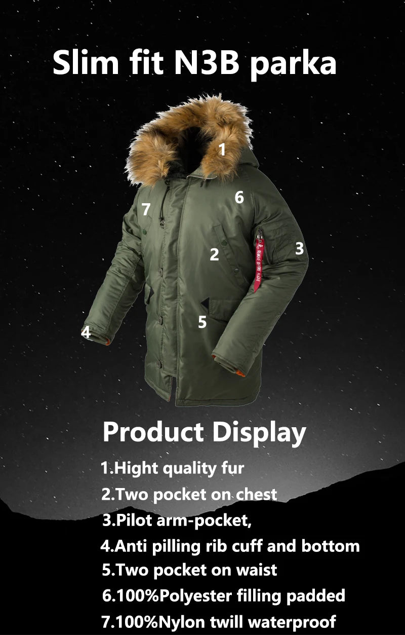Men's Winter N3B USAF Waterproof Fur-Hood Parka, Tactical Bomber
