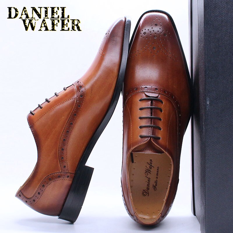 Men's Genuine Leather Brogue Oxford Lace-Up Wedding Office Dress Shoes