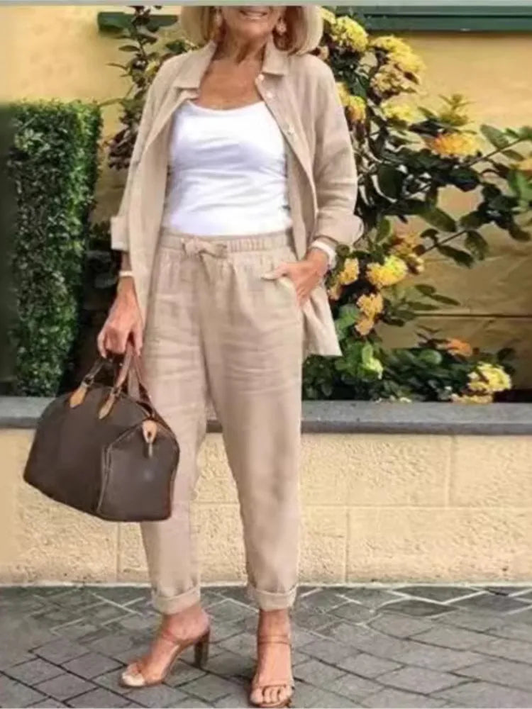 Women's Cotton Linen Shirt and Pants 2-Piece Set