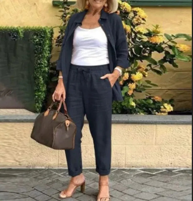 Women's Cotton Linen Shirt and Pants 2-Piece Set