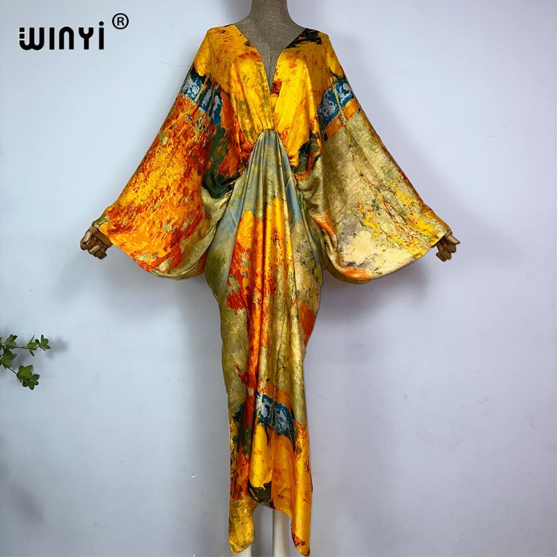 Women's Silk Rayon Print Bohemian V-Neck Beach Maxi Dress