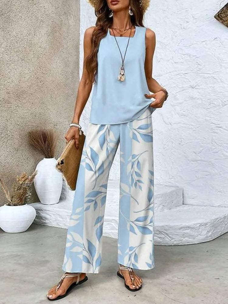Women's Flower Stripe Two-Piece Set, Sleeveless Vest and Long Pants