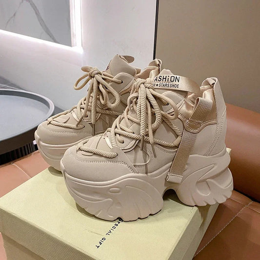 Women's Lace-Up High Platform Chunky Walking Sneakers, 10CM