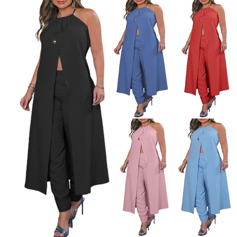 Women's Sleeveless Halter Top and Pencil Pants Two-Piece Set