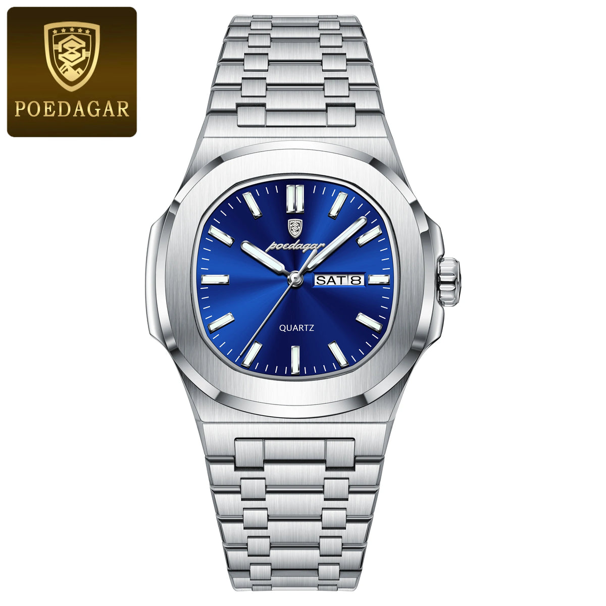 Men's Square Stainless Steel Date Week Quartz Wristwatch