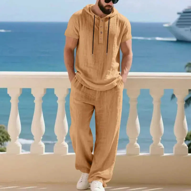 Men's Summer Linen Short Sleeve Hoodie and Loose Pants Set