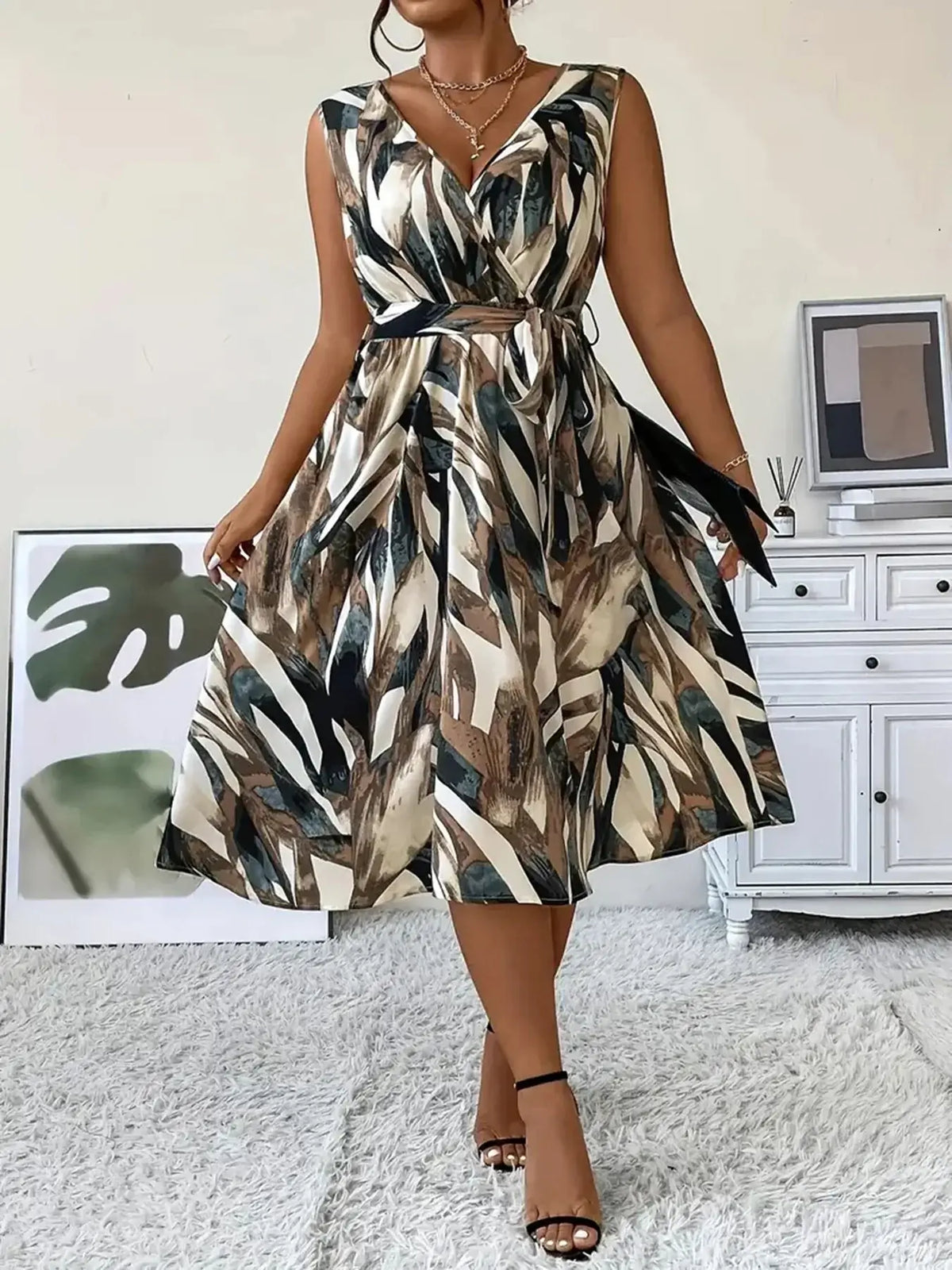 Women's Plus Size Print V-Neck Sleeveless Slim Dress