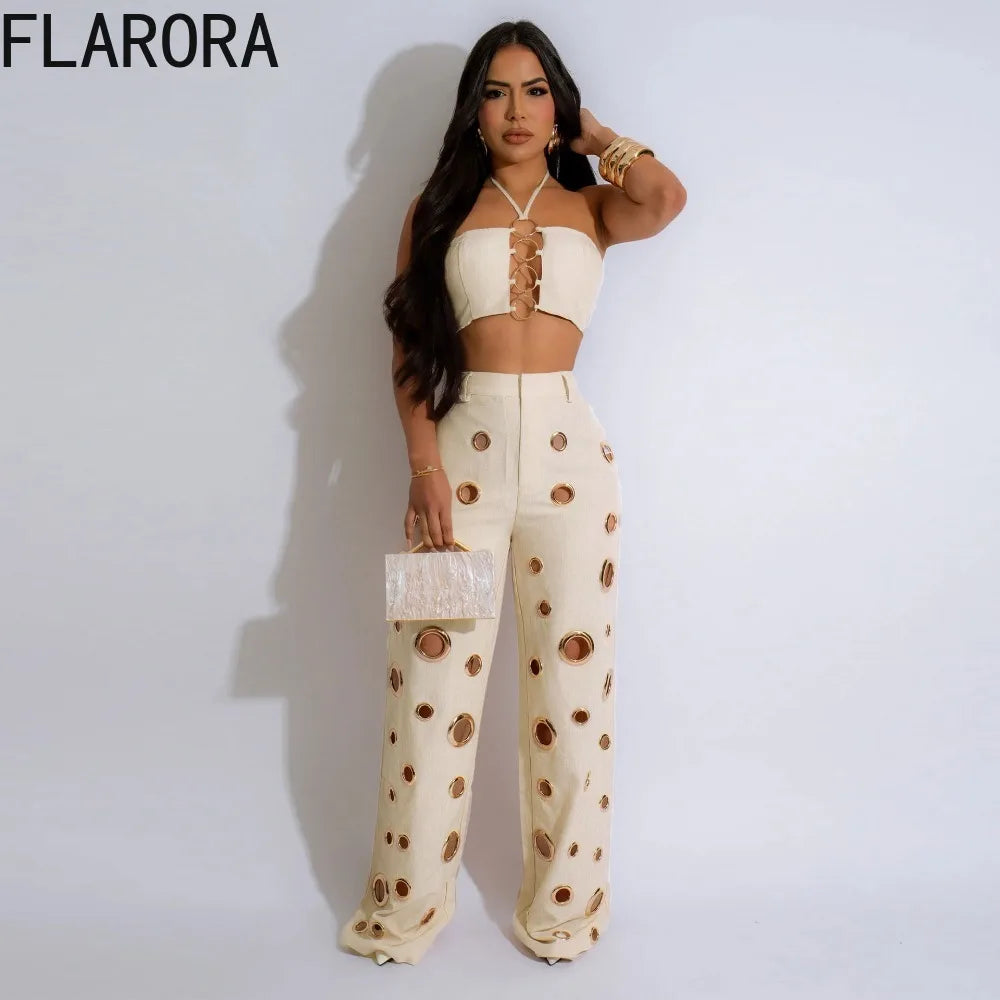 Women's Sequined Halter Top and Wide Leg Pants Set