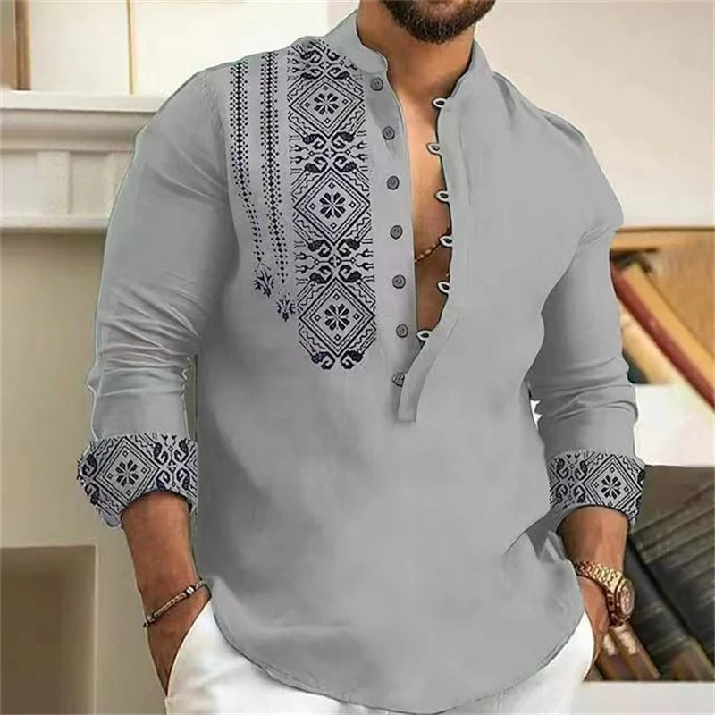 Men's 7-Button Loose Henley V-Neck Long Sleeve Beach Shirt