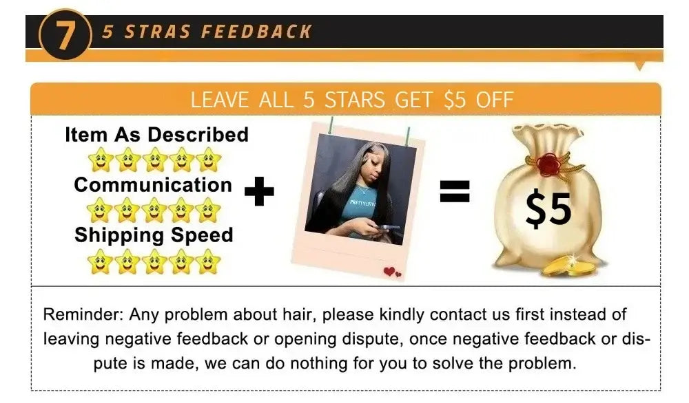 5 stars feedback promotion for human hair wigs encouraging positive reviews for discounts
