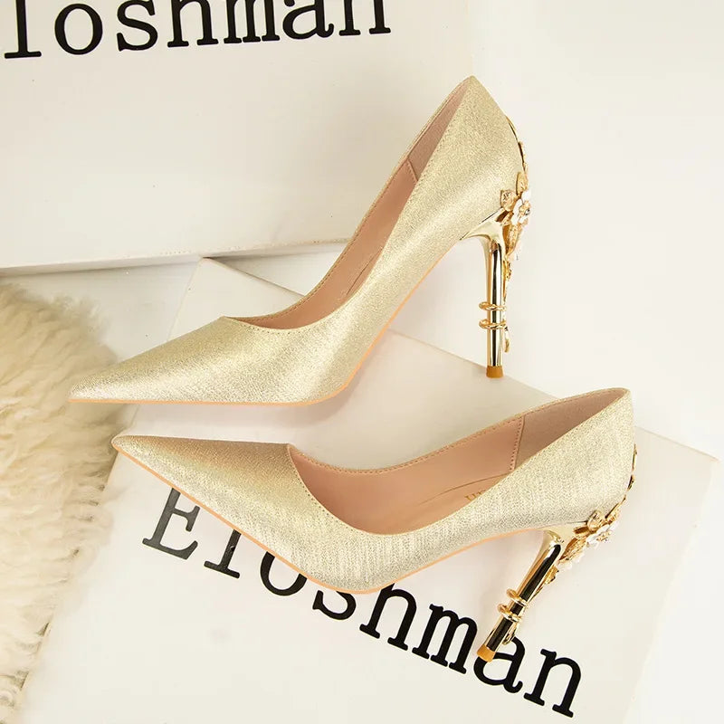 Women's Metal Flower Pointed High Heel Banquet Heels