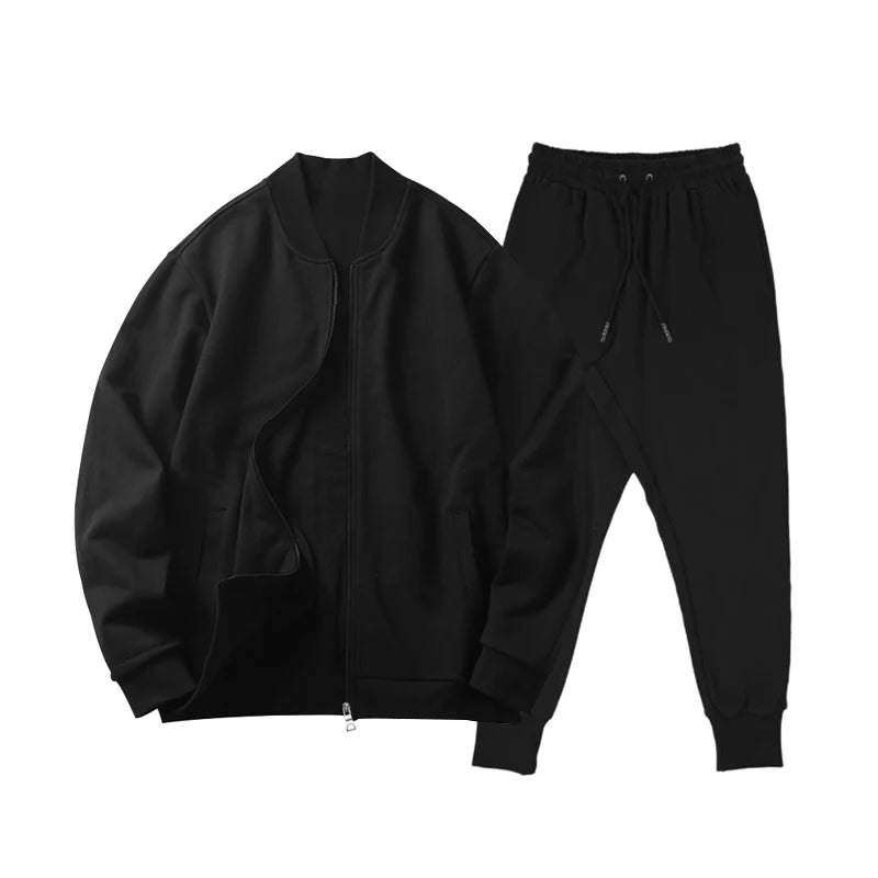 Men's Solid Stand-Collar Zip Jacket and Pants Set