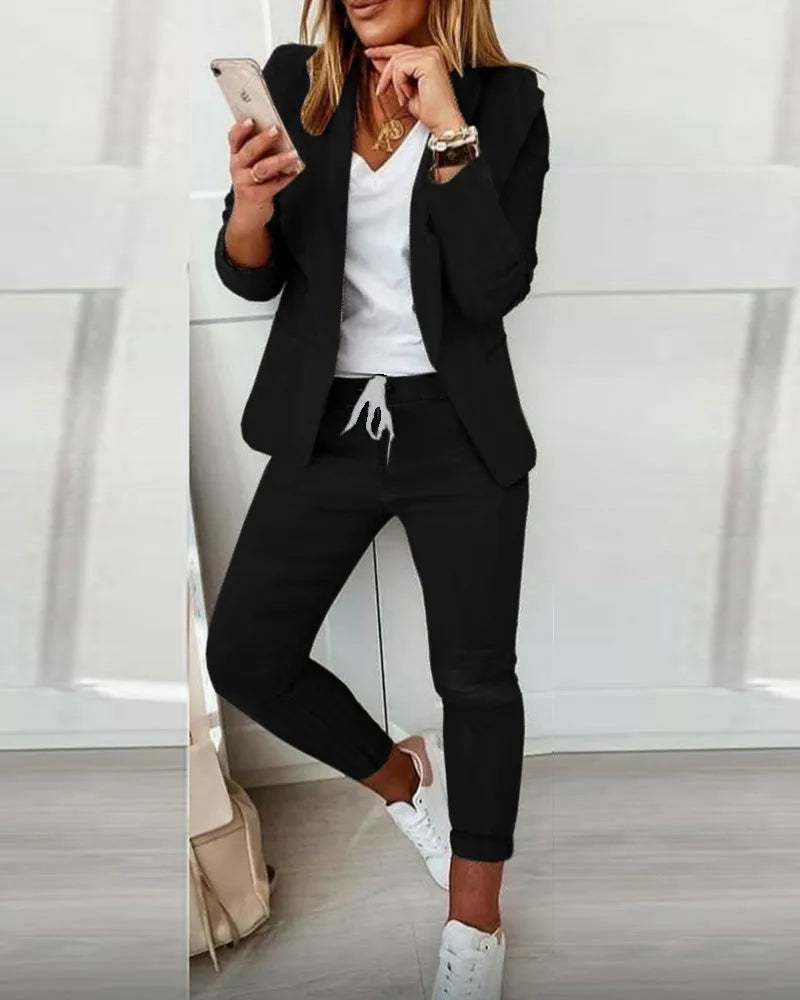 Women's Monochrome Drawstring Elastic-Waist Slit Suit Two-Piece