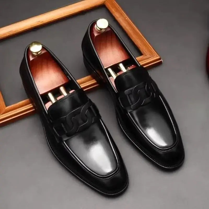Men's Metal Buckle Genuine Leather Slip-On Wedding Dress Shoes
