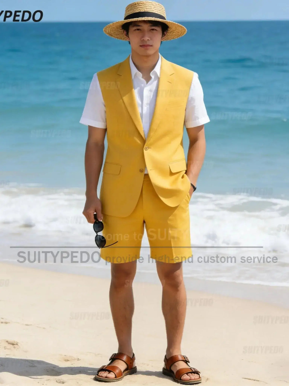 Men's Sleeveless Single-Breasted Blazer and Shorts Two-Piece Suit