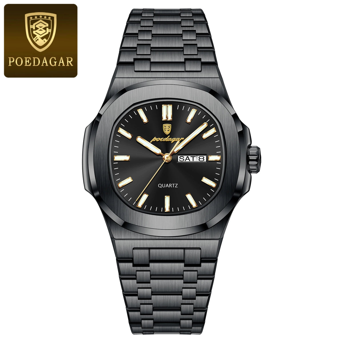 Men's Square Stainless Steel Date Week Quartz Wristwatch