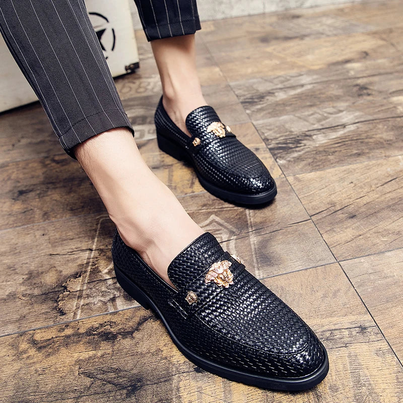 Men's Black Pointed-Toe Leather Brogue Loafers