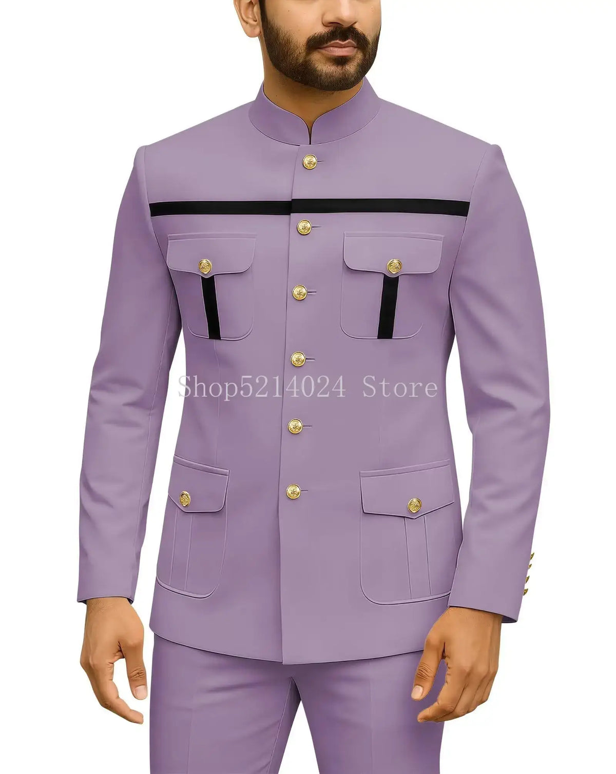 Mens Safari Suit 2 Piece Regular Fit Chinese Suit Stand Collar Gold Button Blazer Pants Set African Outfits