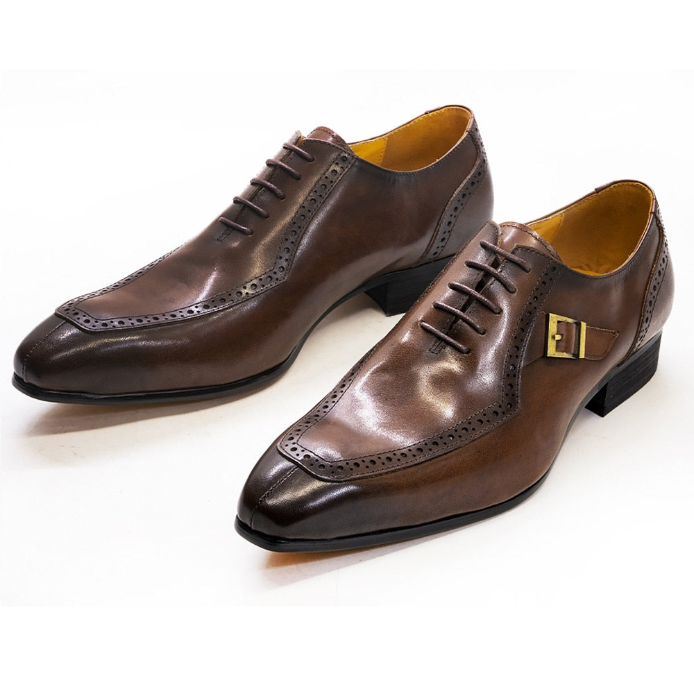 Men's Brown Black Leather Lace-Up Buckle Pointed Oxford Dress Shoes