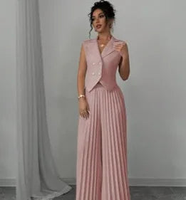 Women's Solid Lapel Sleeveless Top and Trousers Two-Piece Set